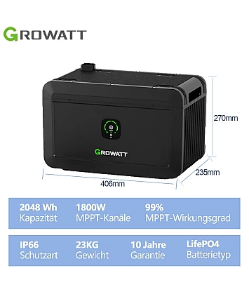 Growatt NOAH 2000 Balkónový bateriový úložiště 2048Wh LiFePO4 s 1800W PV vstupem, chytrým řízením a ochranou IP66 Growatt NOAH 2000 Balkónový bateriový úložiště 2048Wh LiFePO4 s 1800W PV vstupem, chytrým řízením a ochranou IP66